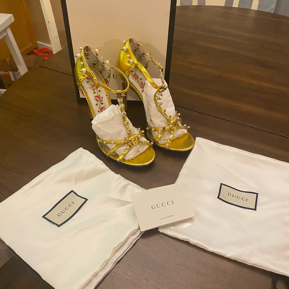 New! GUCCI Regina Embellished Leather Strappy Heels sz 41